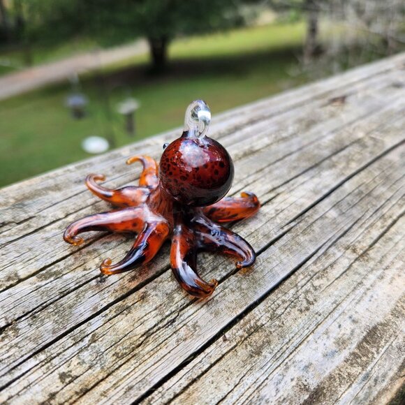 Handblown Art Glass Octopus Figurine With Orange & Black Speckled Design Vintage - Picture 4 of 7